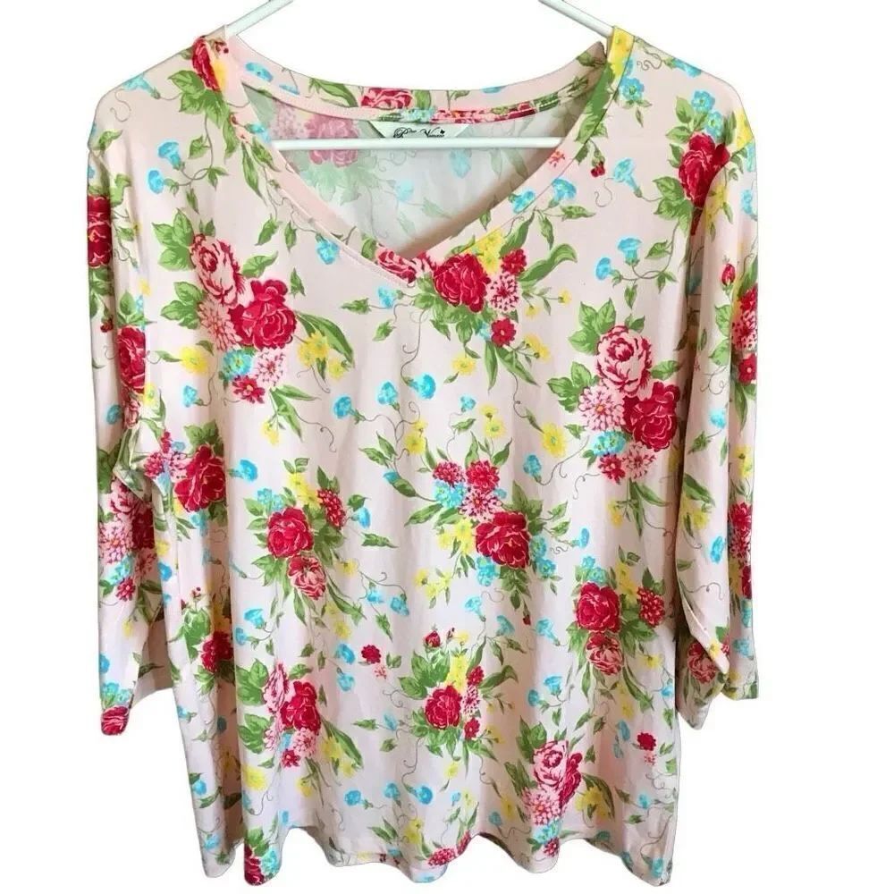 Pioneer Woman SZ Large pullover top Floral pink 3/4 sleeve spring V-Neck